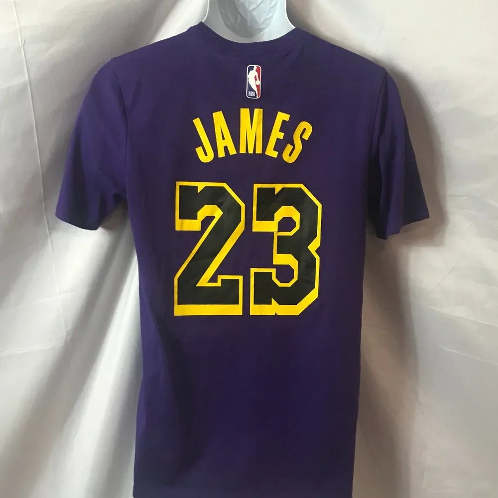Nike #23 Purple & Gold NBA Lakers James Activewear Athletic Sport Cut Tee Shirt - Picture 5 of 5